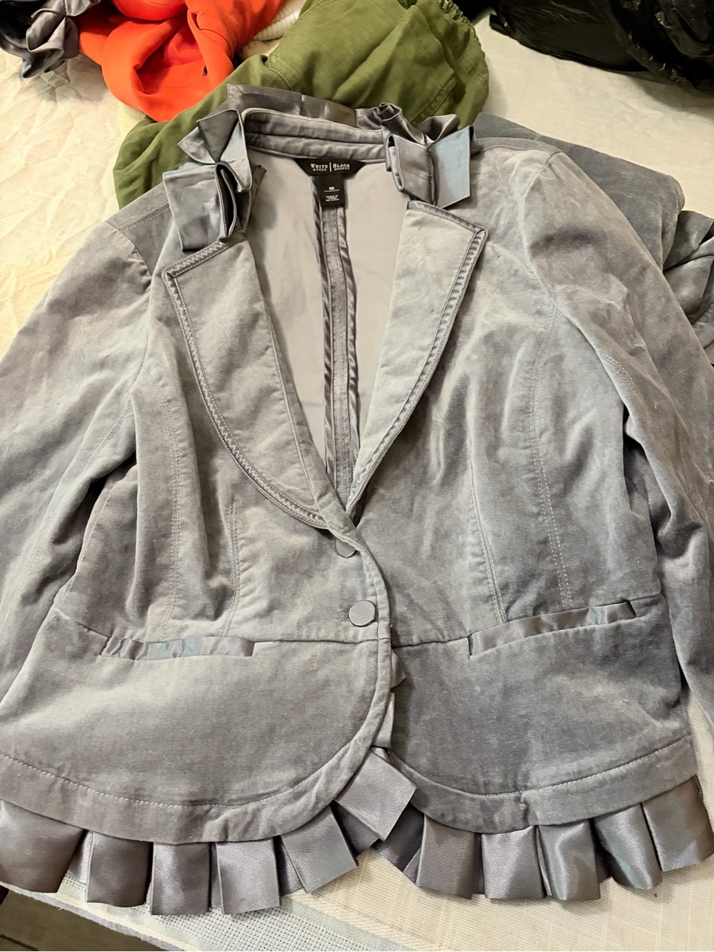 White House Black Market Gray Velvet Ruffle Hem Blazer